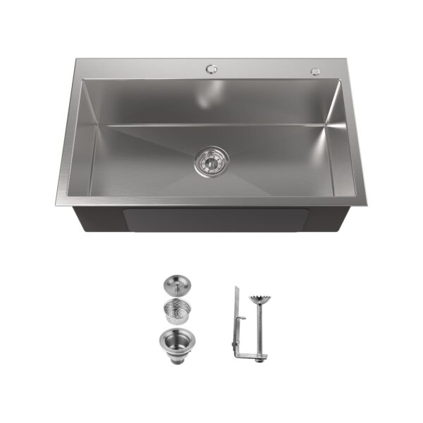 Stainless Steel Kitchen Sink, 32″x19″ Single Bowl, Overmount Handmade Sink in Brushed Nickel, with US Standard Drain and Hook, LS-SSBR02