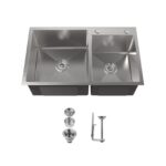 Stainless Steel Kitchen Sink, 32″x19″ Double Bowl in Brushed Nickel, Overmount Handmade Sink, with US Standard Drain and Hook, LS-SSBR03