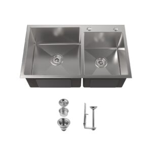 Stainless Steel Kitchen Sink, 32″x19″ Double Bowl in Brushed Nickel, Overmount Handmade Sink, with US Standard Drain and Hook, LS-SSBR03