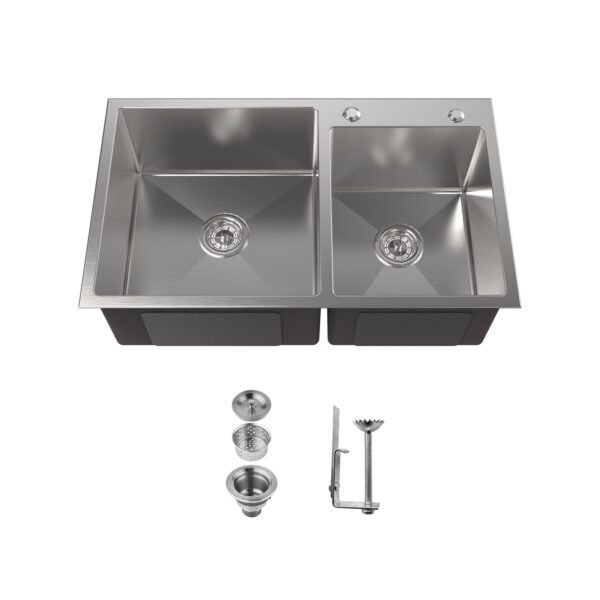Stainless Steel Kitchen Sink, 32″x19″ Double Bowl in Brushed Nickel, Overmount Handmade Sink, with US Standard Drain and Hook, LS-SSBR03