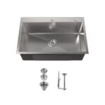 Stainless Steel Kitchen Sink, 30″x19″ Single Bowl, Overmount Handmade Sink in Brushed Nickel, with US Standard Drain and Hook, LS-SSBR04