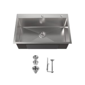 Stainless Steel Kitchen Sink, 30″x19″ Single Bowl, Overmount Handmade Sink in Brushed Nickel, with US Standard Drain and Hook, LS-SSBR04