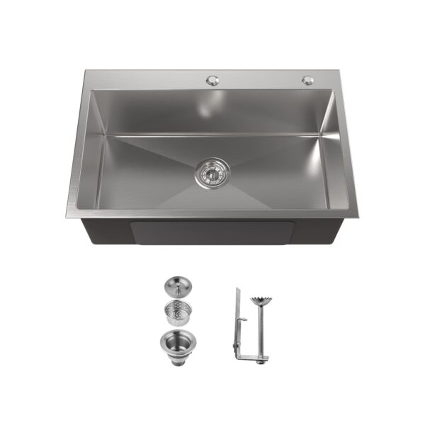 Stainless Steel Kitchen Sink, 30″x19″ Single Bowl, Overmount Handmade Sink in Brushed Nickel, with US Standard Drain and Hook, LS-SSBR04