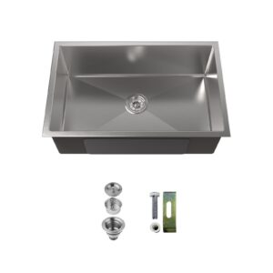 Stainless Steel Kitchen Sink, 30″x19″ Drop In Single Bowl, Undermount Handmade Sink in Brushed Nickel, with US Standard Drain and Hook, LS-SSBR05