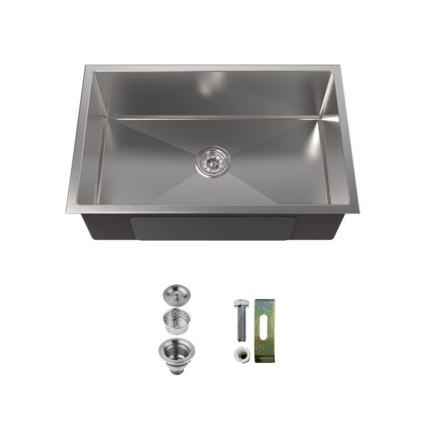 Stainless Steel Kitchen Sink, 30″x19″ Drop In Single Bowl, Undermount Handmade Sink in Brushed Nickel, with US Standard Drain and Hook, LS-SSBR05