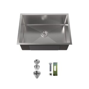 Stainless Steel Kitchen Sink, 27″x19″ Single Bowl, Undermount Handmade Sink in Brushed Nickel, with US Standard Drain and Hook, LS-SSBR06