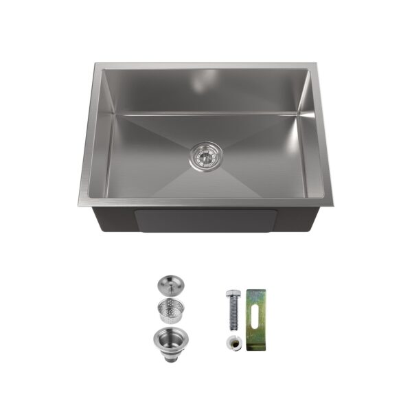 Stainless Steel Kitchen Sink, 27″x19″ Single Bowl, Undermount Handmade Sink in Brushed Nickel, with US Standard Drain and Hook, LS-SSBR06