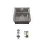 Stainless Steel Kitchen Sink, 18″x18″ Single Bowl, Undermount HandmadeSink in Brushed Nickel, with US Standard Drain and Hook, LS-SSBR07