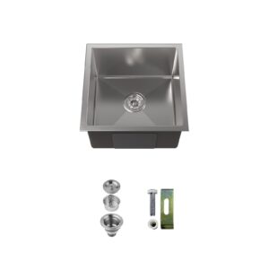 Stainless Steel Kitchen Sink, 18″x18″ Single Bowl, Undermount HandmadeSink in Brushed Nickel, with US Standard Drain and Hook, LS-SSBR07