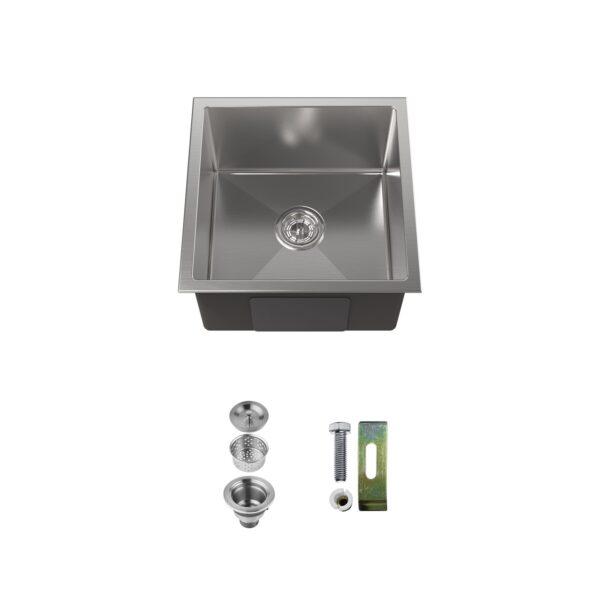 Stainless Steel Kitchen Sink, 18″x18″ Single Bowl, Undermount HandmadeSink in Brushed Nickel, with US Standard Drain and Hook, LS-SSBR07