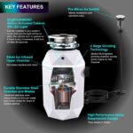 FORNO ACQUA BrightDIAMOND Moonstone 1HP Super Quiet Garbage Disposal Corded with Motion Sensor Cabinet Light & Pre-Wired Air Switch