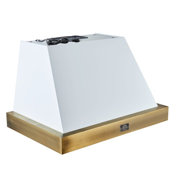 Forno Vittorio 36-Inch Wall Mount Range Hood, White with Antique Brass Trim, 424 CFM Airflow, Dishwasher-Safe Baffle Filters, Remote Control, 3-Speed Fan, Bright LED Lighting.