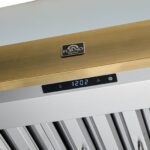 Forno Vittorio 36-Inch Wall Mount Range Hood, White with Antique Brass Trim, 424 CFM Airflow, Dishwasher-Safe Baffle Filters, Remote Control, 3-Speed Fan, Bright LED Lighting.