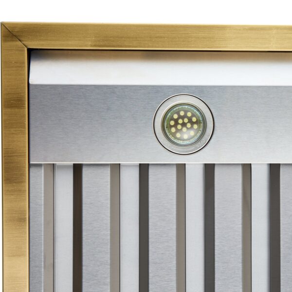 Forno Vittorio 36-Inch Wall Mount Range Hood, White with Antique Brass Trim, 424 CFM Airflow, Dishwasher-Safe Baffle Filters, Remote Control, 3-Speed Fan, Bright LED Lighting.