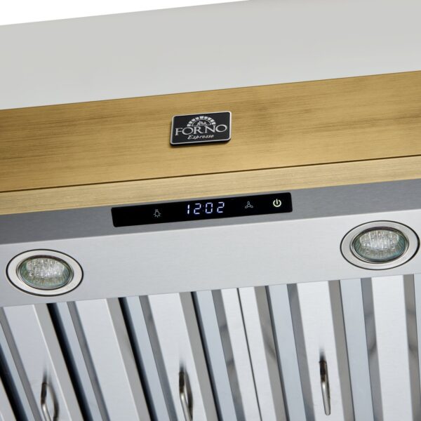 Forno Vittorio 48-Inch Wall Mount Range Hood, White with Antique Brass Trim, 424 CFM Airflow, Dishwasher-Safe Baffle Filters, Remote Control, 3-Speed Fan, Bright LED Lighting