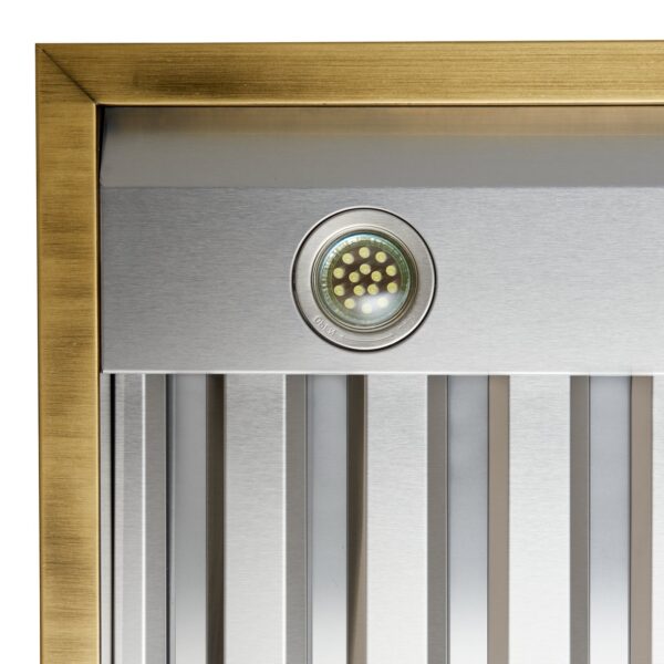 Forno Vittorio 48-Inch Wall Mount Range Hood, White with Antique Brass Trim, 424 CFM Airflow, Dishwasher-Safe Baffle Filters, Remote Control, 3-Speed Fan, Bright LED Lighting