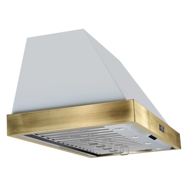 Forno Vittorio 48-Inch Wall Mount Range Hood, White with Antique Brass Trim, 424 CFM Airflow, Dishwasher-Safe Baffle Filters, Remote Control, 3-Speed Fan, Bright LED Lighting