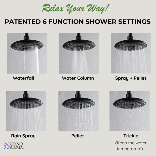 Forno Acqua AcquaFALL Shower, Matte Black Finish, Overhead Rainfall Shower, 7 Way Diverter, Handheld Shower Head, Body Jets, 2.5 GPM Flow Rate