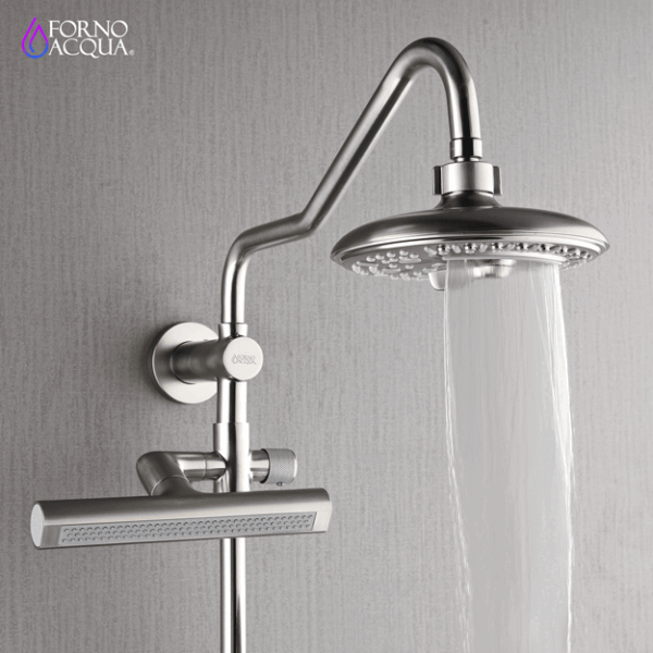 Forno Acqua AcquaFALL Shower, Brushed Nickel Finish, Overhead Rainfall Shower, 7 Way Diverter, Handheld Shower Head, Body Jets, 2.5 GPM Flow Rate