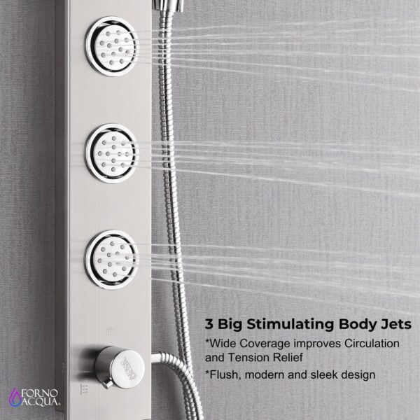 Forno Acqua AcquaSPA Shower Panel in Stainless Steel, Overhead Rainfall Shower, Handheld Shower Head, Body Jets, 1.8 GPM Flow Rate