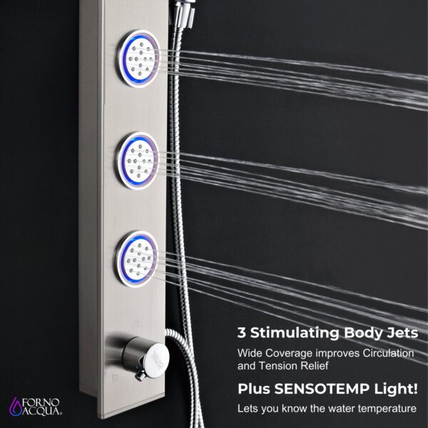 Forno Acqua AcquaSPA Shower Panel with SensoTemp, Stainless Steel, Overhead Rainfall Shower, Handheld Shower Head, Body Jets, 1.8 GPM Flow Rate