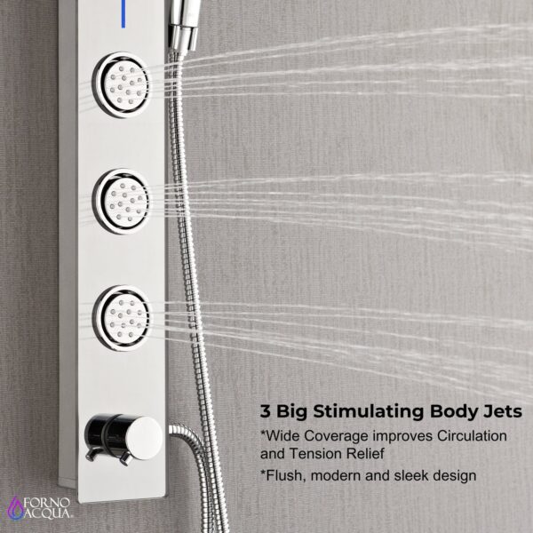 Forno Acqua AcquaSPA Shower Panel with SensoTEMP, Mirrored Stainless Steel Finish, Overhead Rainfall Shower, Handheld Shower Head, Body Jets, 2.5 GPM Flow Rate