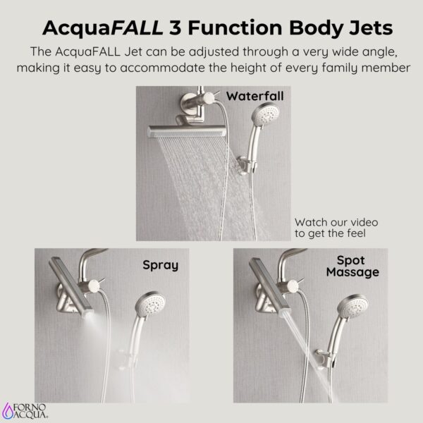 Forno Acqua AcquaFALL Mini Shower Head, Brushed Nickel Finish, Overhead Rainfall Shower, 7 Way Diverter, Handheld Shower Head, Body Jets, 1.8 GPM Flow Rate