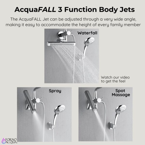 Forno Acqua AcquaFALL Mini Shower Head, Polished Stainless Steel Finish, Overhead Rainfall Shower, 7 Way Diverter, Handheld Shower Head, Body Jets, 2.5 GPM Flow Rate