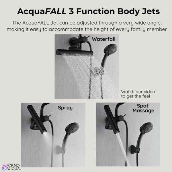 Forno Acqua AcquaFALL Mini 8 Inch Shower Head, Matte Black Finish, Overhead Rainfall Shower, Handheld Shower Head, Body Jets, 1.8 GPM Flow Rate