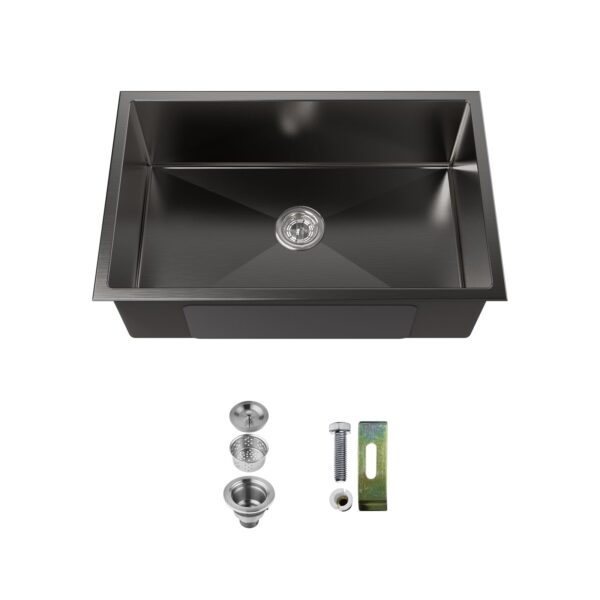 Stainless Steel Kitchen Sink, 30″x19″ Single Bowl, Undermount HandmadeSink in Black, with US Standard Drain and Hook, SS-BL-05