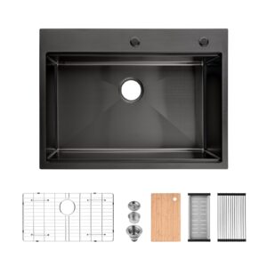 Stainless Steel Kitchen Sink, 30″x22″ Single Bowl, Overmount Handmade Sink in Black, with Cutting Board, Colander, Grid, SS-BR-08