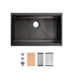 30″x19″ Stainless Steel Kitchen Sink, Single Bowl, Undermount Handmade Sink in Black, with Cutting Board, Colander, SS-BL07D-301908-2