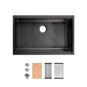 30″x19″ Stainless Steel Kitchen Sink, Single Bowl, Undermount Handmade Sink in Black, with Cutting Board, Colander, SS-BL07D-301908-2