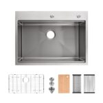 Stainless Steel Kitchen Sink, 30″x22″ Single Bowl, Overmount Handmade Sink in Brushed, with Cutting Board, Colander, Grid, SS-BR-08