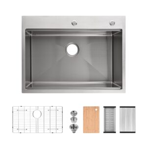 Stainless Steel Kitchen Sink, 30″x22″ Single Bowl, Overmount Handmade Sink in Brushed, with Cutting Board, Colander, Grid, SS-BR-08