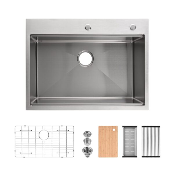 Stainless Steel Kitchen Sink, 30″x22″ Single Bowl, Overmount Handmade Sink in Brushed, with Cutting Board, Colander, Grid, SS-BR-08