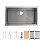 33″x19″ Stainless Steel Kitchen Sink, Single Bowl, Undermount Handmade Sink in Brushed, with Cutting Board, Colander, Grid,SS-BR-09