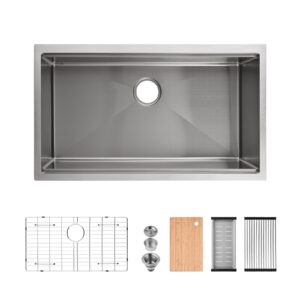33″x19″ Stainless Steel Kitchen Sink, Single Bowl, Undermount Handmade Sink in Brushed, with Cutting Board, Colander, Grid,SS-BR-09