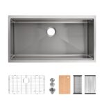 36″x19″ Stainless Steel Kitchen Sink, Single Bowl, Undermount Handmade Sink in Brushed, with Cutting Board, Colander, Grid, SS-BR07-361908