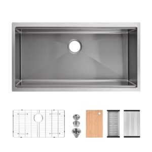 36″x19″ Stainless Steel Kitchen Sink, Single Bowl, Undermount Handmade Sink in Brushed, with Cutting Board, Colander, Grid, SS-BR07-361908