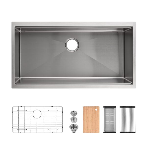 36″x19″ Stainless Steel Kitchen Sink, Single Bowl, Undermount Handmade Sink in Brushed, with Cutting Board, Colander, Grid, SS-BR07-361908
