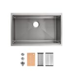 30″x19″ Stainless Steel Kitchen Sink, Single Bowl, Undermount Handmade Sink in Brushed, with Cutting Board, Colander, SS-BR07D-301908