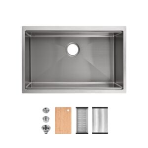 30″x19″ Stainless Steel Kitchen Sink, Single Bowl, Undermount Handmade Sink in Brushed, with Cutting Board, Colander, SS-BR07D-301908
