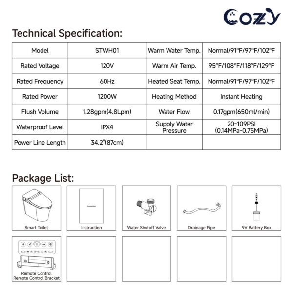 Smart Toilet, Auto Flush, Foot Sensor For Auto Seat, Instant Heat, Dryer, Side Knob, Night Light, Remote Control, Deodorizer, LS-STWH01