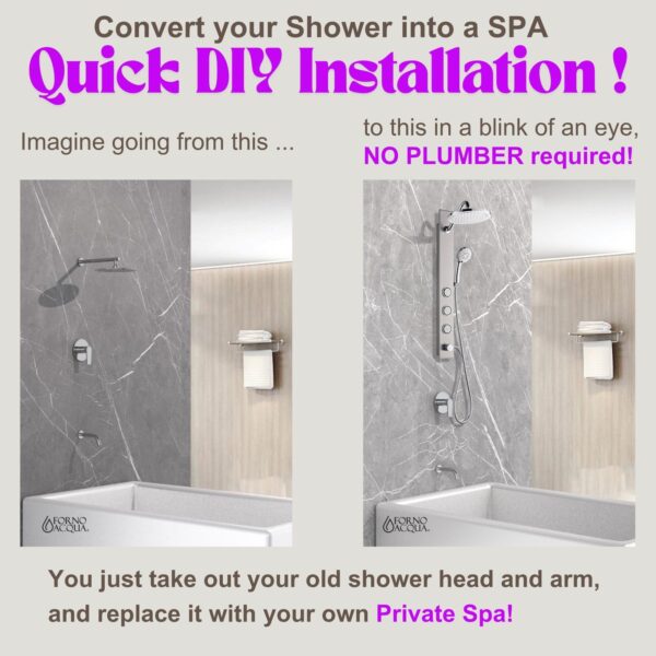 Forno Acqua AcquaSPA Shower Panel in Stainless Steel, Overhead Rainfall Shower, Handheld Shower Head, Body Jets, 6 Way Diverter, 2.5 GPM Flow Rate
