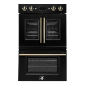 Forno Asti 30-Inch Double Electric Wall Oven with Upper French Doors in Black & Antique Brass, 7.36 cu. ft. Dual True Convection, 7,200W, Air Fry, Sous Vide, Self-Clean