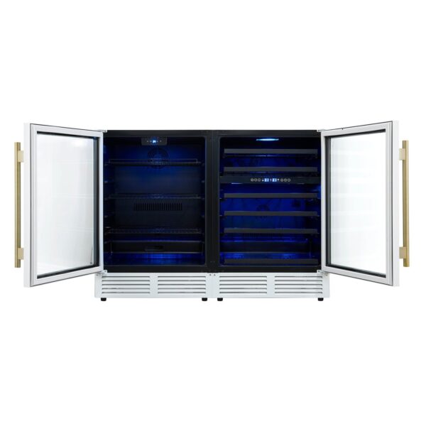 Gemello 48 Inch Side-by-Side Wine and Beverage Cooler in White with Antique Brass Handles, French Door, 9.6 cu. ft.