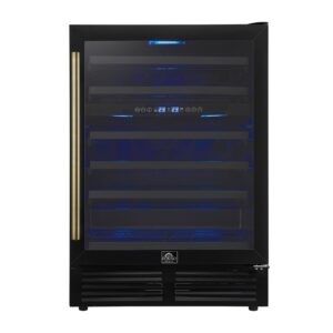Forno Bacchino 24 Inch Wine Cooler, Black with Antique Brass Handles, with LED Lighting, Triple Glass Door, 51 Bottle Capacity, Built-In or Freestanding