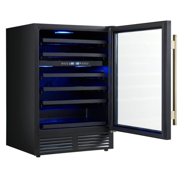 Forno Bacchino 24 Inch Wine Cooler, Black with Antique Brass Handles, with LED Lighting, Triple Glass Door, 51 Bottle Capacity, Built-In or Freestanding