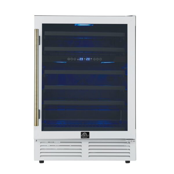 Forno Bacchino 24 Inch Wine Cooler, White with Antique Brass Handles, with LED Lighting, Triple Glass Door, 51 Bottle Capacity, Built-In or Freestanding